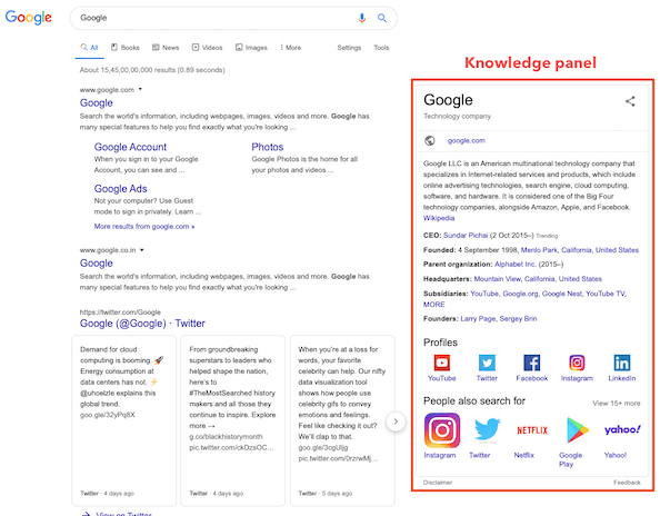 A Knowledge Panel for a well-known company Google.