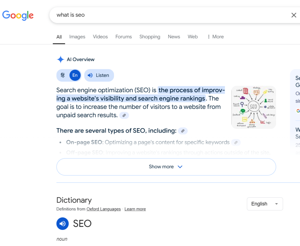 Image showcasing a featured snippet and how it appears above the organic results.