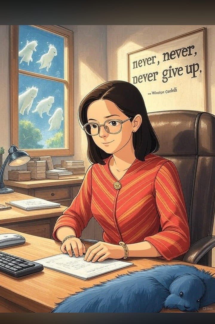 An animated office scene of a woman in a red dress with glasses, working at her desk with papers, surrounded by a cozy atmosphere and inspirational quote art, created using ChatGPT for image generation in a whimsical, Ghibli-style aesthetic.