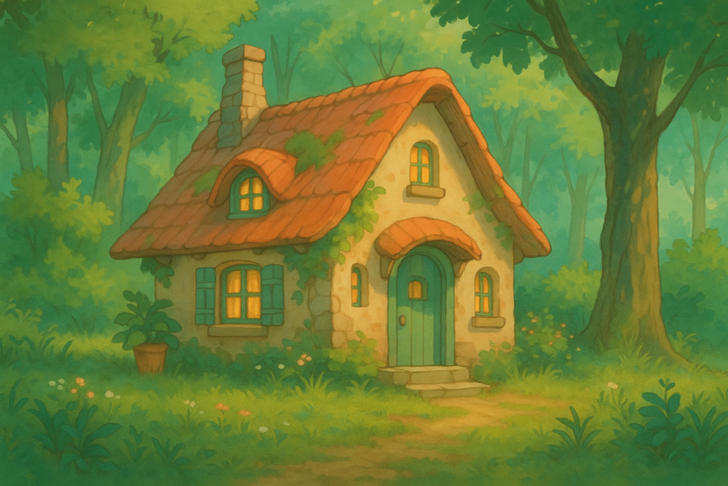 A cozy Ghibli-style cottage nestled in a lush green forest, illustrated in soft pastel tones with an enchanting, animated aesthetic.