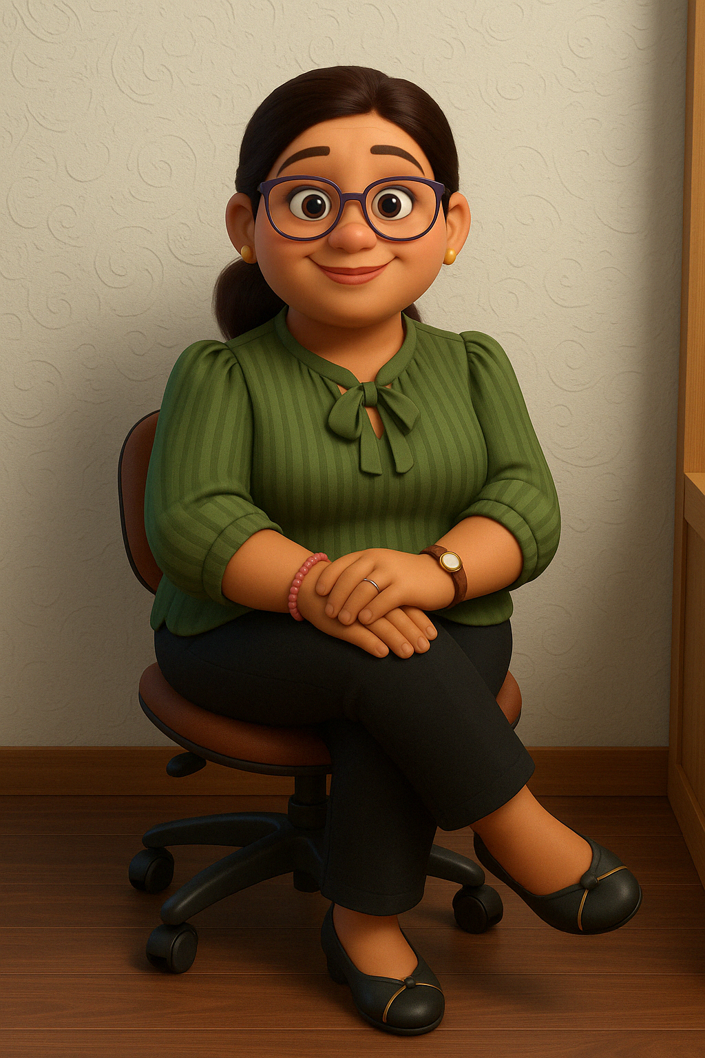 A Pixar-style 3D cartoon illustration of a woman sitting on an office chair with folded hands, created using ChatGPT for image generation to reflect a warm, friendly, and professional demeanor in a cozy indoor setting.