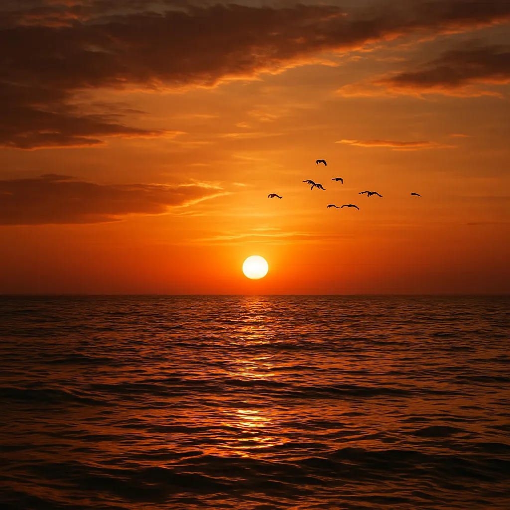 Sunset over ocean with birds flying, created using ChatGPT for image generation.