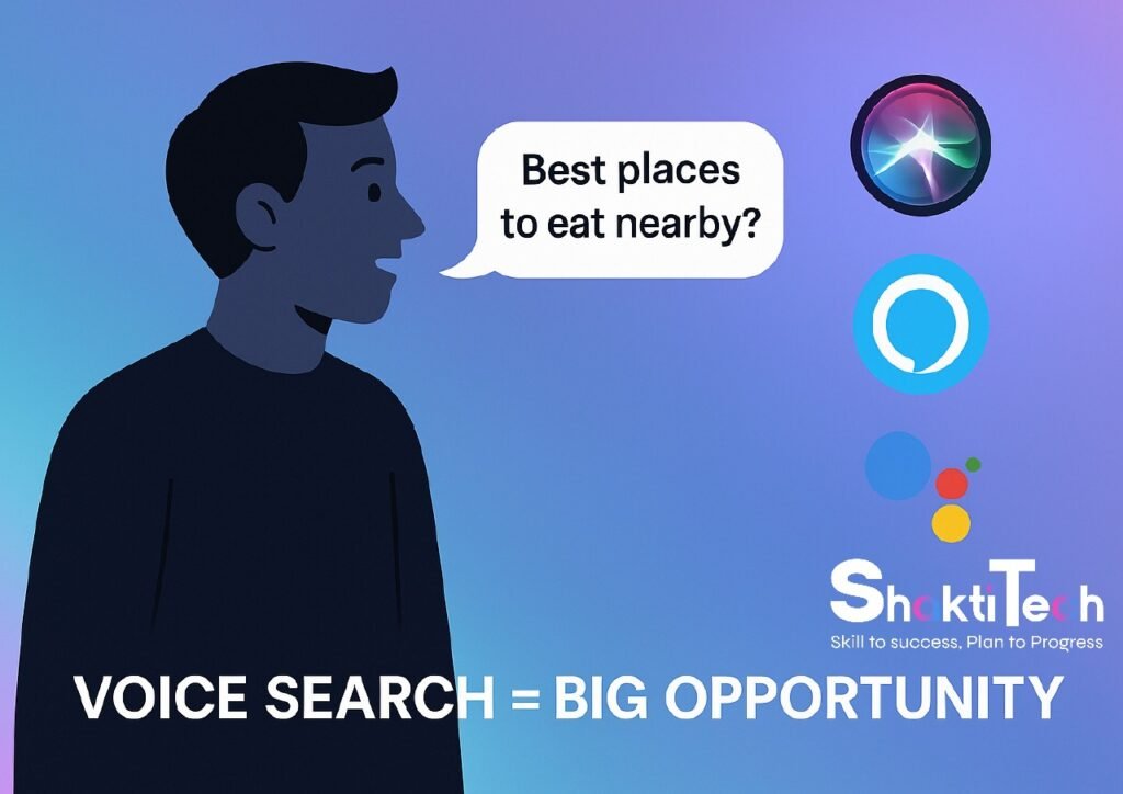 Illustration of voice search with a user asking for places to eat, highlighting the impact of AEO vs SEO with Siri, Alexa, and Google Assistant icons.”