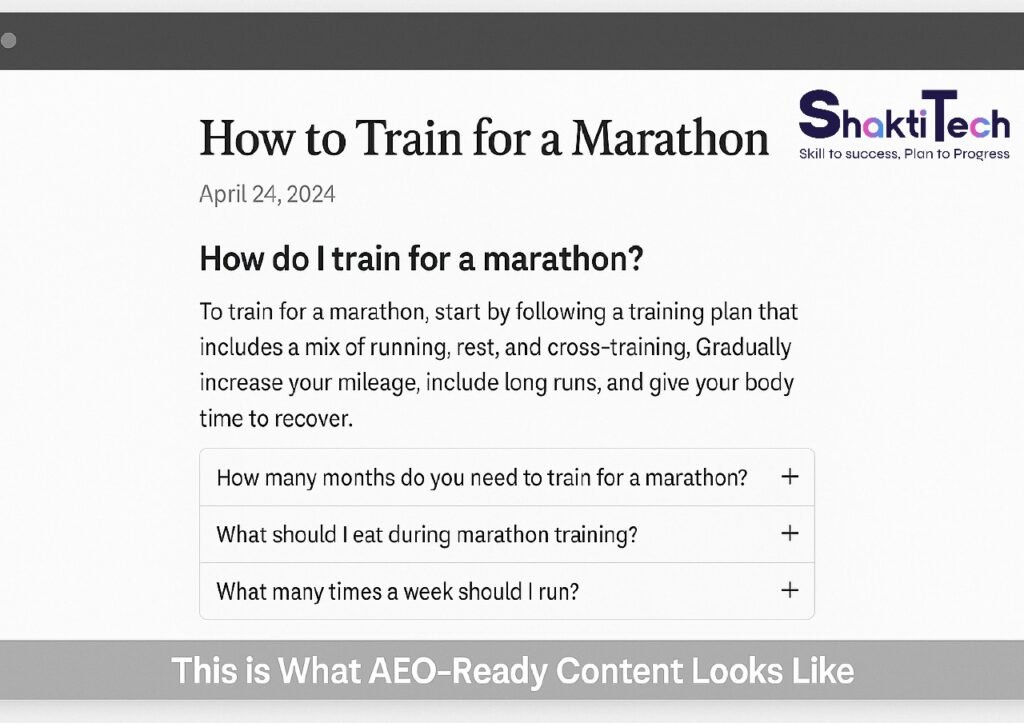 Example of AEO-ready content showing structured FAQs and direct answers on a blog titled ‘How to Train for a Marathon’ 