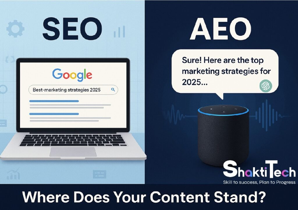 AEO vs SEO visual showing voice search as a rising opportunity with Siri, Alexa, and Google Assistant.