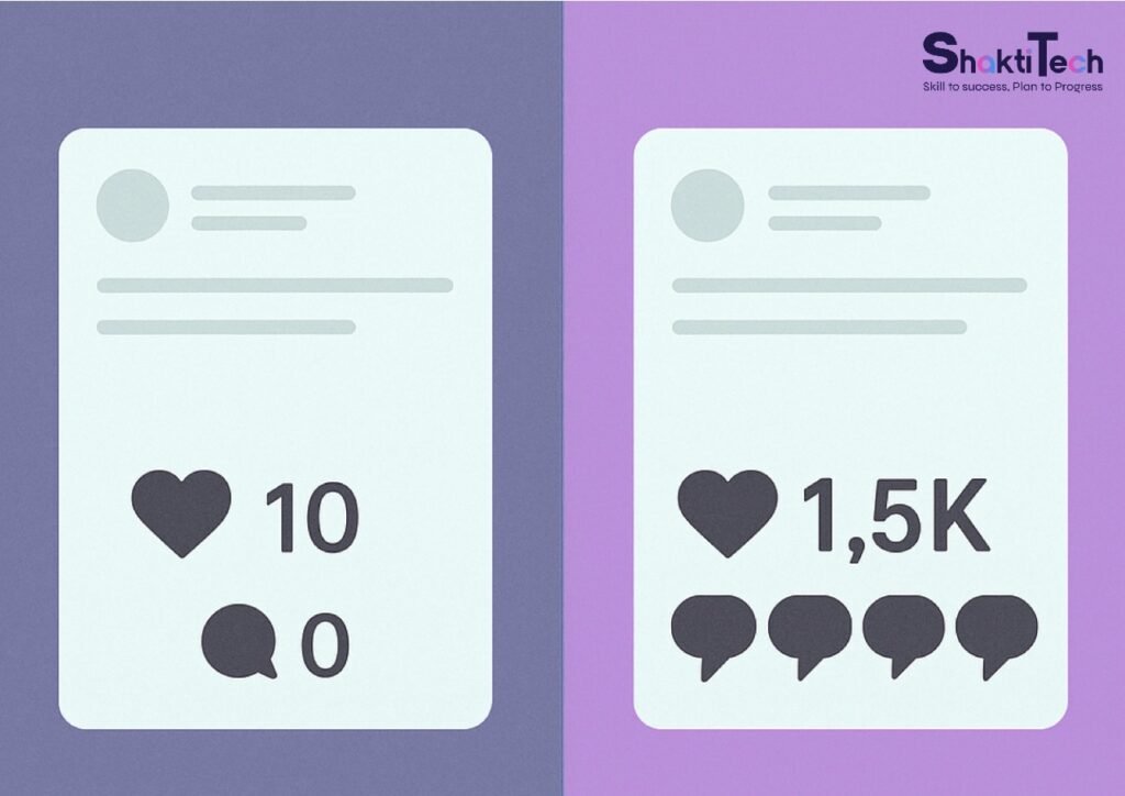 Side-by-side post comparison showing low vs high engagement to highlight the impact of hashtags strategy.