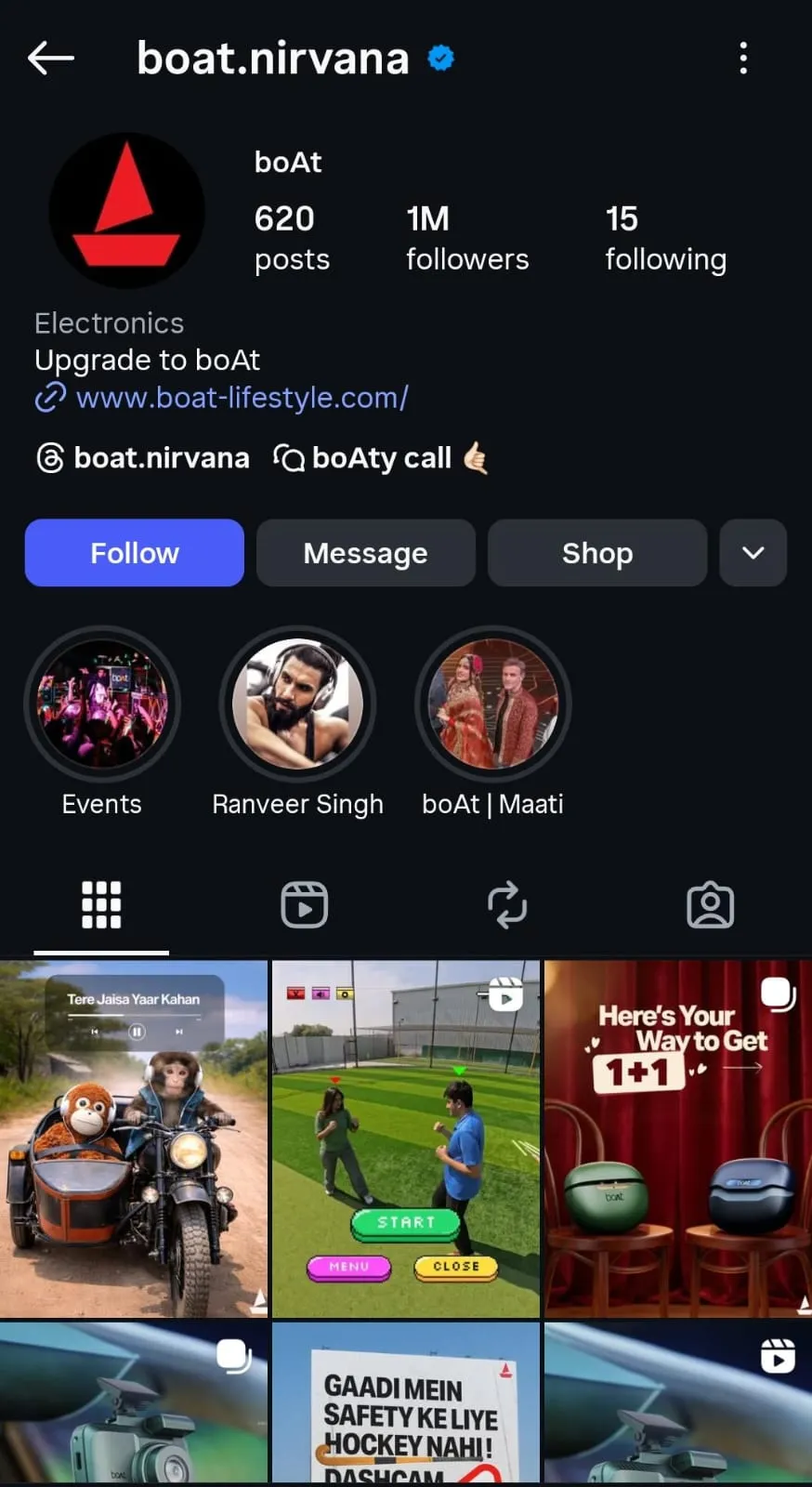 Boat Instagram screenshot showcasing their humorous and witty content style as a digital marketing strategy